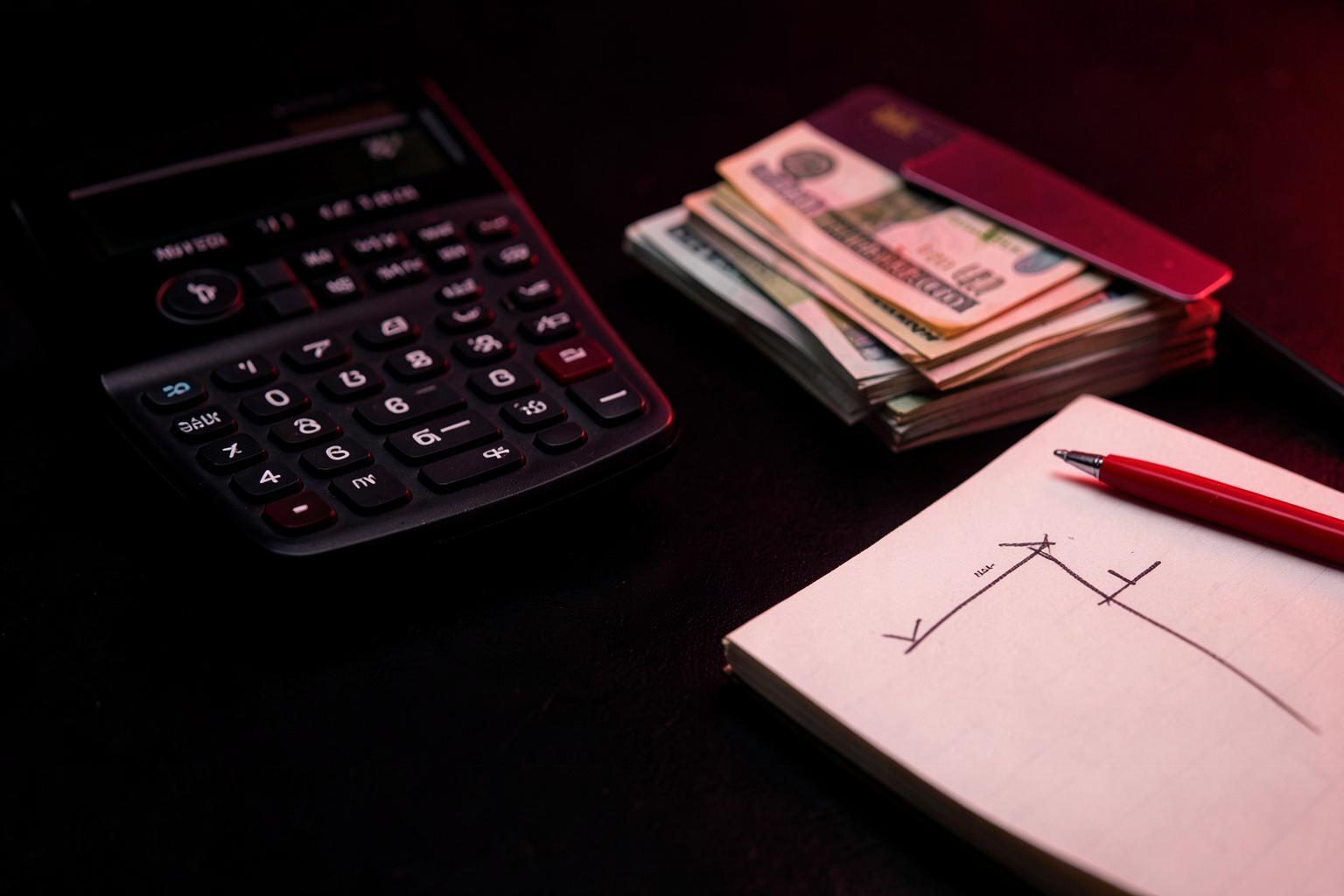 Calculadora, anotações e itens de planejamento financeiro